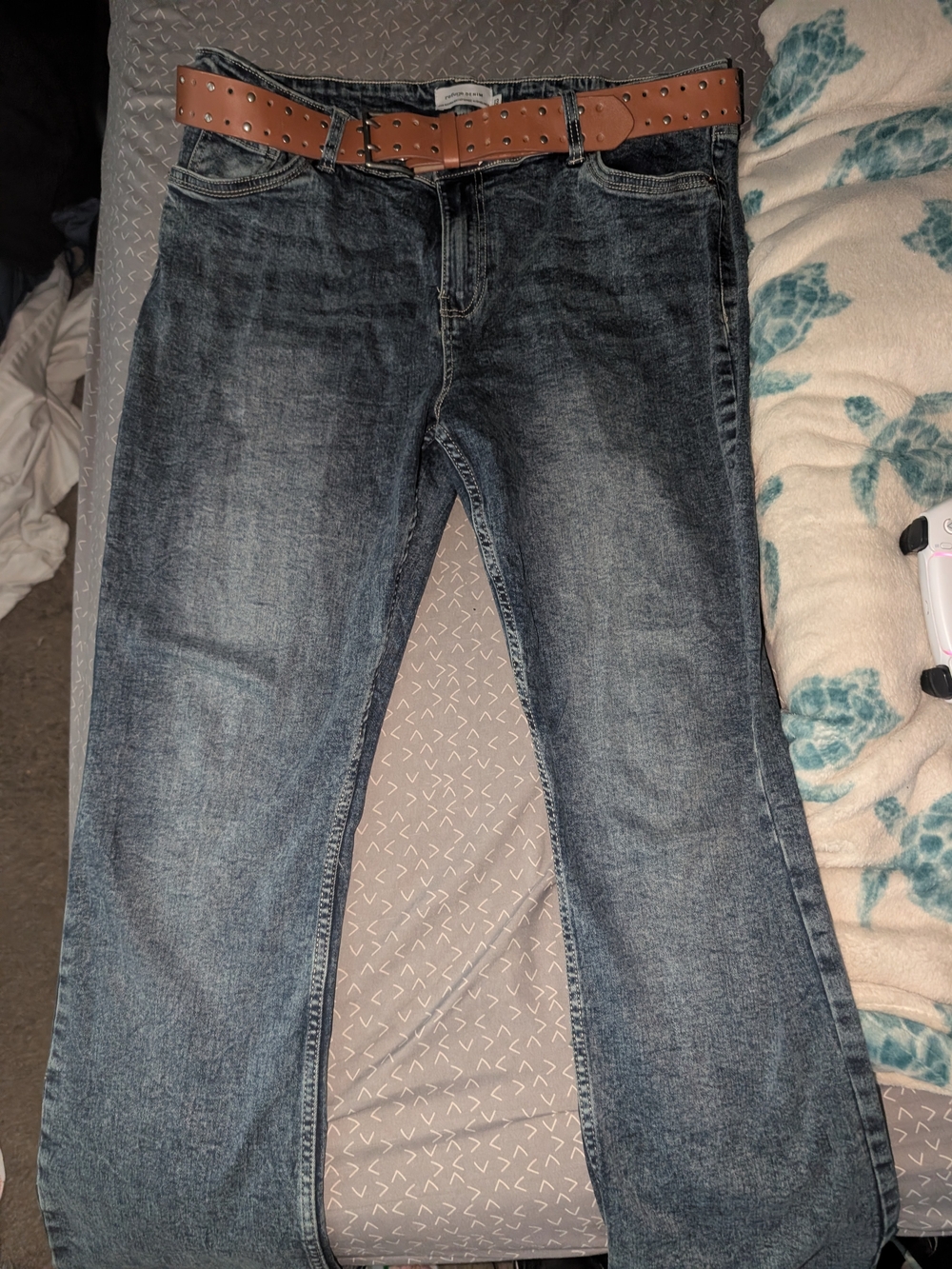 refuge Dark Blue Straight Leg Jeans with Brown Studded Belt